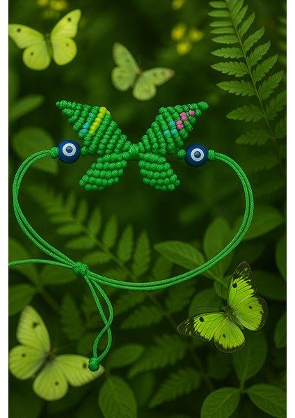 Kelebek Desenli Makrome Bileklik – Yeşil & Nazar Boncuğu Detaylı indirimleri