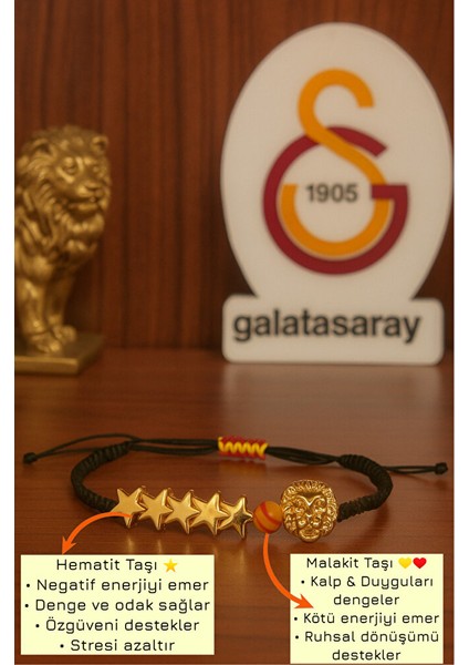 Galatasaray 5. Yıldız Aslanlı Taraftar Bilekliği – Ayarlanabilir (Hematit&malakit Doğal Taş)