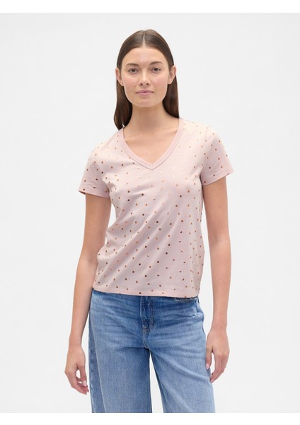 Kadın Açık Pembe V Yaka Grafik T-Shirt