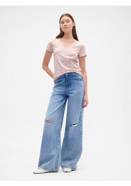 Kadın Açık Pembe V Yaka Grafik T-Shirt indirimleri