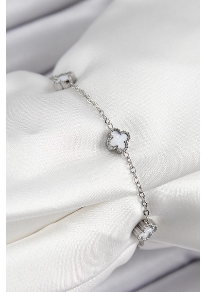 Bfs 316L Çelik Beyaz Sedef Yonca Model Gümüş Renk Kadın Bileklik