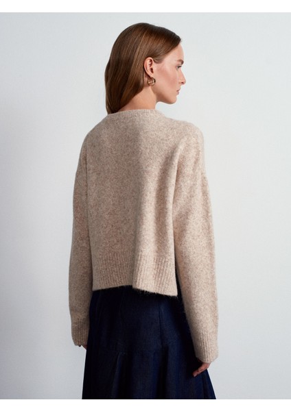60280 Yanları Yırtmaçlı Yün Karışımlı Triko Hırka-Bej Melanj fiyatları