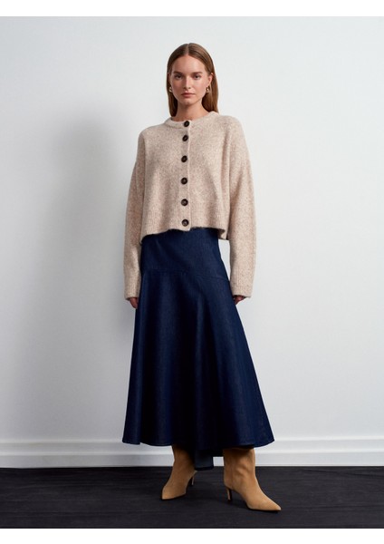 60280 Yanları Yırtmaçlı Yün Karışımlı Triko Hırka-Bej Melanj indirimleri