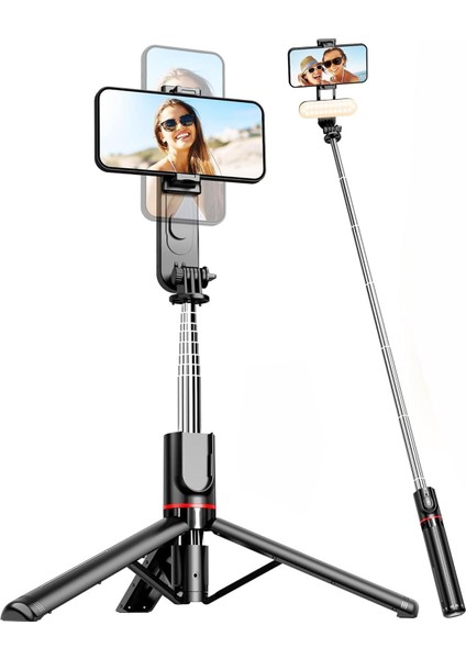 Işıklı Selfie Çubuğu, 360 ° Dönebilen, LED Dolgu Işıklı, 111CM Uzatılabilir, Kablosuz Kumanda, 3 Renk Modu, 9 Parlaklık Seviyesi, Tüm Cihazlar Ile Uyumlu