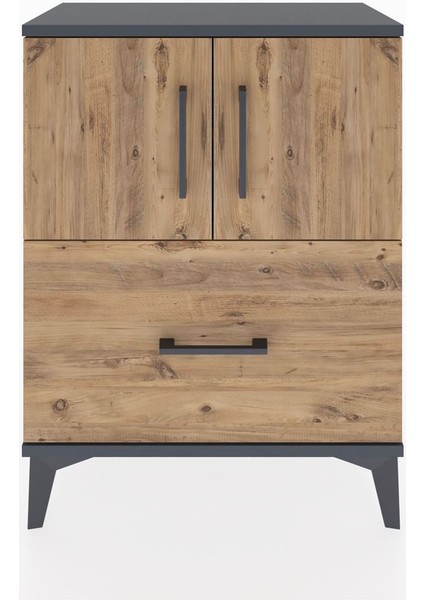 Arges Komodin 2 Raflı Tek Çekmeceli 2 Kapaklı 60X30X80 Antrasit-Çam