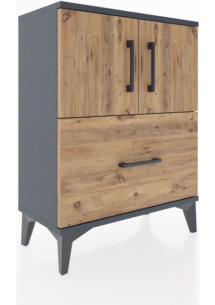 Arges Komodin 2 Raflı Tek Çekmeceli 2 Kapaklı 60X30X80 Antrasit-Çam fiyatları