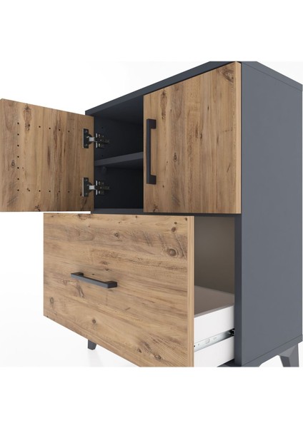 Arges Komodin 2 Raflı Tek Çekmeceli 2 Kapaklı 60X30X80 Antrasit-Çam indirimleri
