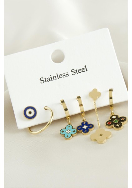 6 Adet Nazar Zirkon Taşlı Lüks Çelik Küpe