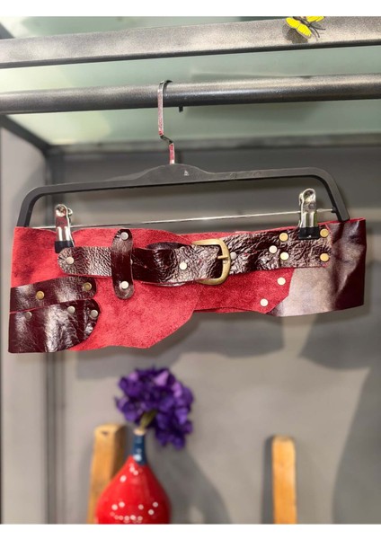 Rosaline Deri Kemer | El Yapımı Bordo Bohem Tasarım