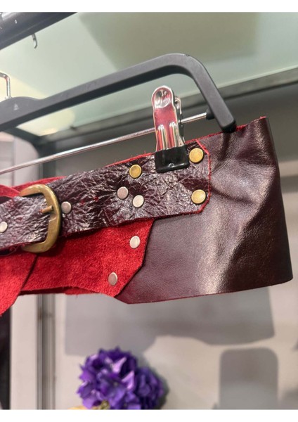 Rosaline Deri Kemer | El Yapımı Bordo Bohem Tasarım