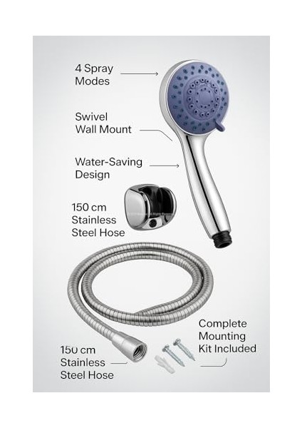 Spiralli Duş Başlığı Seti, 4 Fonksiyonlu Krom Duş Başlığı, 150 cm Duş Hortumu, Mafsallı Başlık, Vida ve Dübel Dahil, Su Tasarruflu, Duvara Monte Takımı modelleri