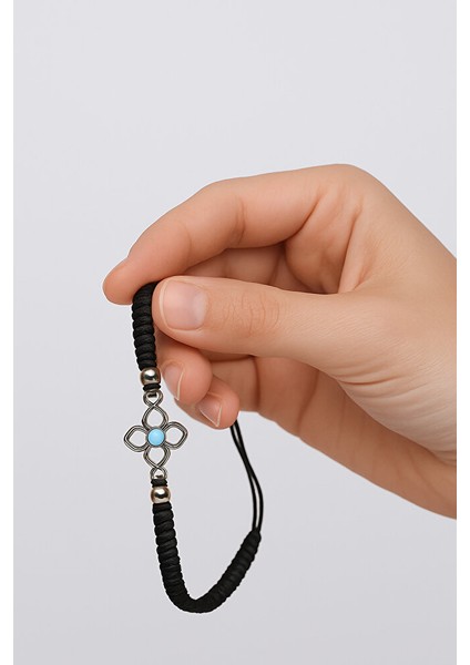 Siyah Makrome Ayarlanabilir Mavi Boncuk Detaylı El Yapımı Bileklik indirimleri