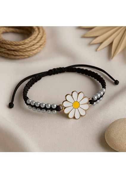 Papatya Figürlü Çift Sıra Boncuklu Makrome Bileklik