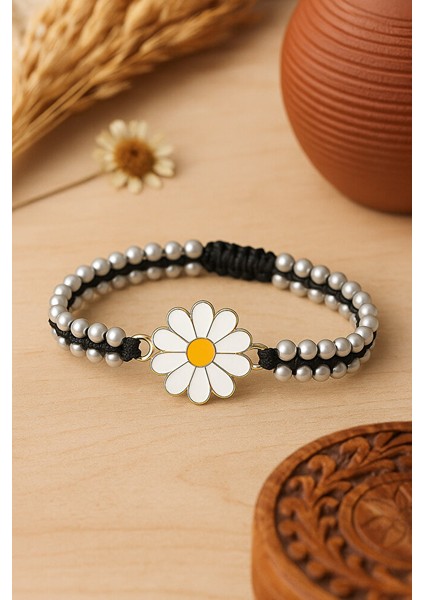 Papatya Figürlü Çift Sıra Boncuklu Makrome Bileklik modelleri