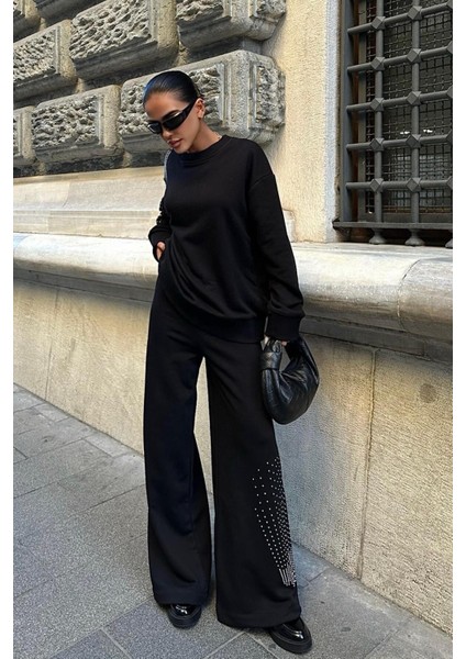 Gümüş Taşlı Dokuma Oversize Takım -Siyah