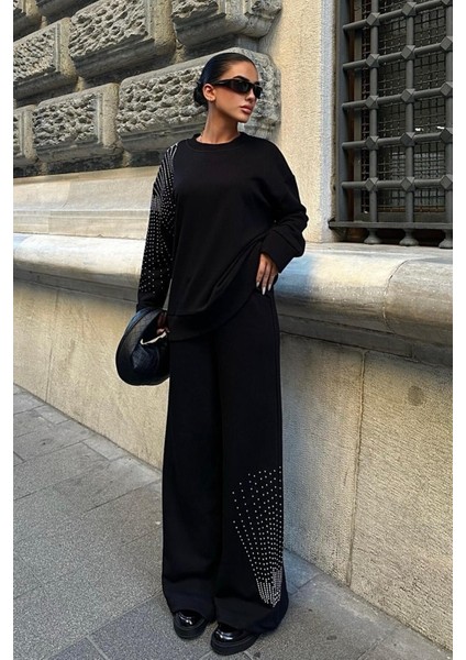 Gümüş Taşlı Dokuma Oversize Takım -Siyah