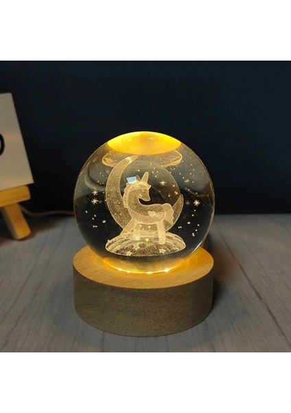 Dekoratif Ay Içinde Unicorn Tasarımlı Ahşap Altlıklı Işıklı Cam Küre Cam Büyük Boy 8 cm MZ4-2312