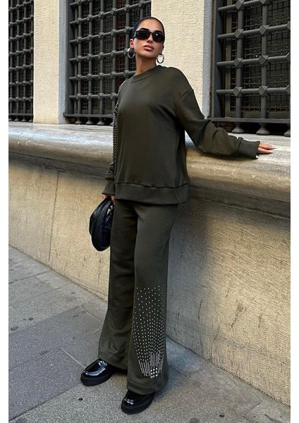 Gümüş Taşlı Dokuma Oversize Takım -Haki modelleri