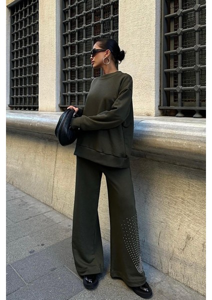 Gümüş Taşlı Dokuma Oversize Takım -Haki indirimleri