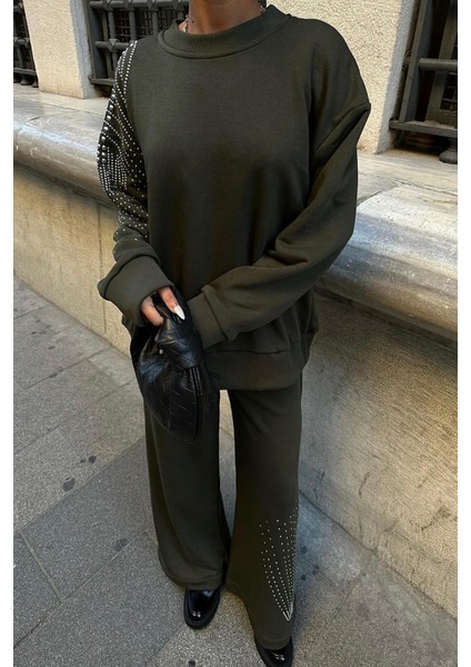 Gümüş Taşlı Dokuma Oversize Takım -Haki