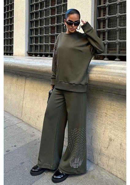 Gümüş Taşlı Dokuma Oversize Takım -Haki