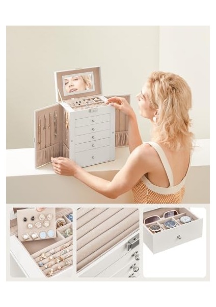 Mücevher Kutusu, 6 Seviyeli Büyük Mücevher Kutusu, Menteşeli Yan Kapılı Mücevher Kutusu, Çekmeceler, Ayna ve Kilit, Yüzükler, Küpeler Için, Beyaz JBC152W01 modelleri