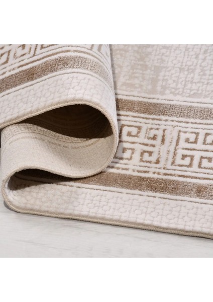 Arlena Çerçeveli Krem-Kahverengi Çizgili Akrilik Makine Halısı fırsatları