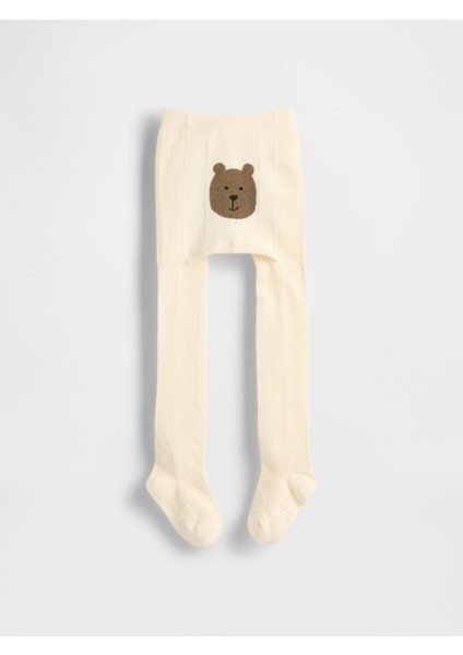 Bebek Kırık Beyaz Pointelle Bear Baskılı Külotlu Çorap