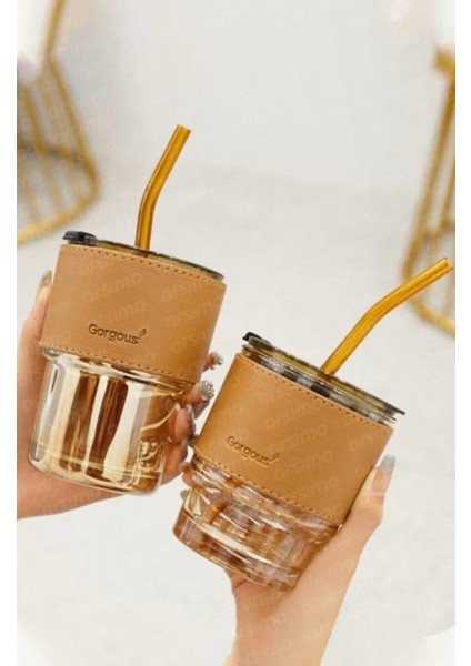 Bal Köpüğü Renkli Cam Pipetli Cam Bardak ve Deri Tutma Kılıflı Soğuk Sıcak Içecek Bardağı