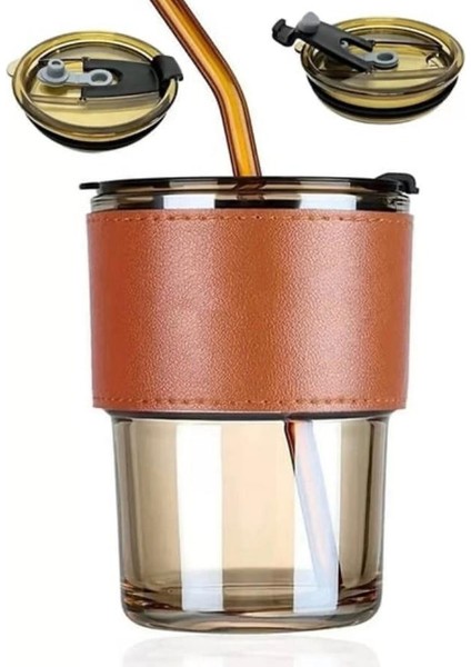 Bal Köpüğü Renkli Cam Pipetli Cam Bardak ve Deri Tutma Kılıflı Soğuk Sıcak Içecek Bardağı fiyatları