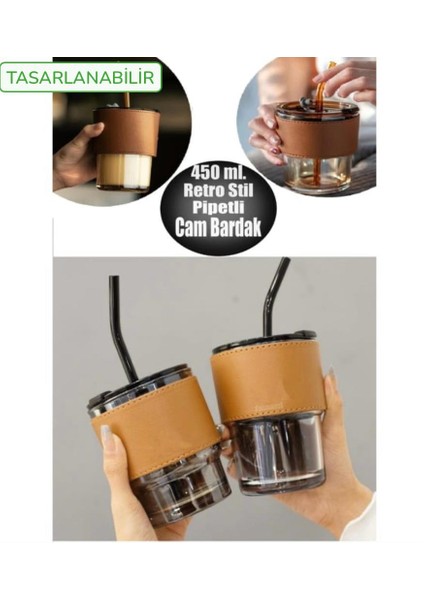 Bal Köpüğü Renkli Cam Pipetli Cam Bardak ve Deri Tutma Kılıflı Soğuk Sıcak Içecek Bardağı modelleri