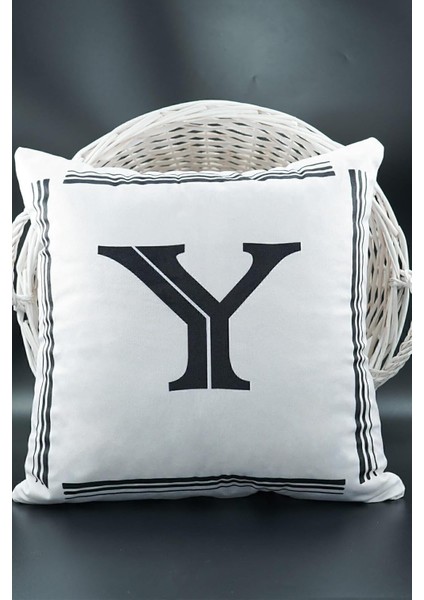 Harfli Kırlent Kılıfı Kadife 43X43 cm Çift Taraflı Y Harfi Kedi Desenli Evlilik Teklifi Doğum Günü