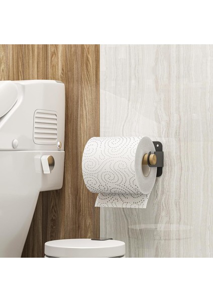 Ahşap Metal Tuvalet Kağıtlığı, Tuvalet Kağıdı Tutacağı, Yapışkanlı Tuvalet Kağıtlığı, Ahşap Bar Tutucu Tuvalet Kağıdı, Minimal Tuvalet Wc Kağıtlık (Siyah)