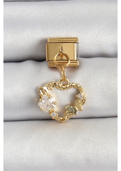 316L Çelik Sallantılı Zirkon Taşlı Kalp Model Gold Renk Nomination Charm