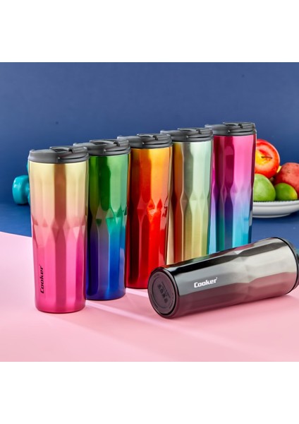 500ML Diamond Termos Bardak Renkli Paslanmaz Çelik - Kaydırmaz Tpr Taban - Sızdırmaz Kapak (5067)