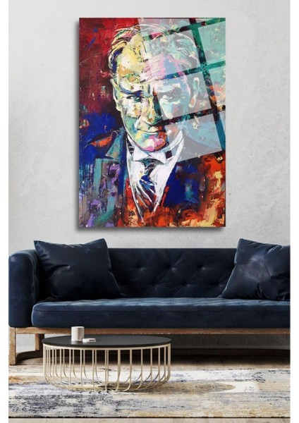Kanvas Tablo Yağlı Boya Görünümlü Mustafa Kemal Atatürk Portresi Dekoratif Cam Tablo 50 x 70