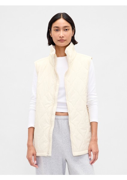 Kadın Krem Lightweight Kapitone Puffer Şişme Yelek