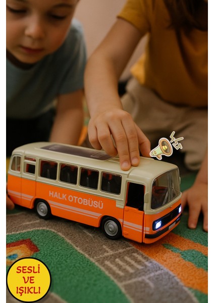 Nostaljik Halk Otobüsü 11 cm Pilli Sesli Işıklı Kapısı Açılır Yumuşak Tekerlekli - Turuncu