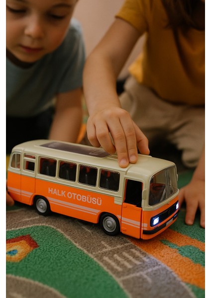 Nostaljik Halk Otobüsü 11 cm Pilli Sesli Işıklı Kapısı Açılır Yumuşak Tekerlekli - Turuncu fırsatları