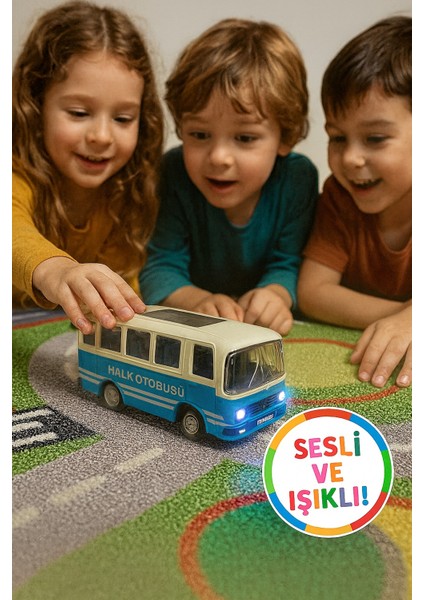 Nostaljik Halk Otobüsü 11 cm Pilli Sesli Işıklı Kapısı Açılır Yumuşak Tekerlekli - Mavi modelleri
