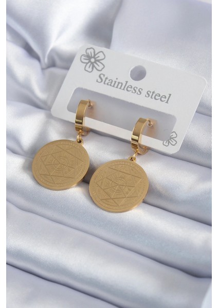 316L Çelik Gold Renk Pentagram Yıldızı Işleme Model Kadın Küpe - TJ-BKP7992