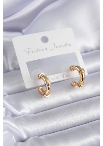 Gold Renk Zirkon Taş Detay Halka Model Pirinç Kadın Küpe - TJ-BKP7855