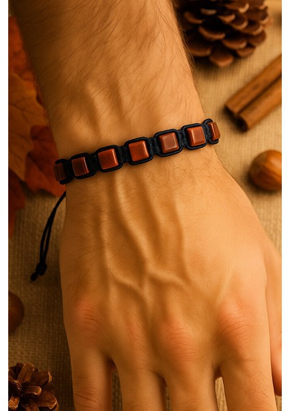 Erkek Makrome Bileklik – Kırmızı Jaspis Doğaltaş & Siyah Ip