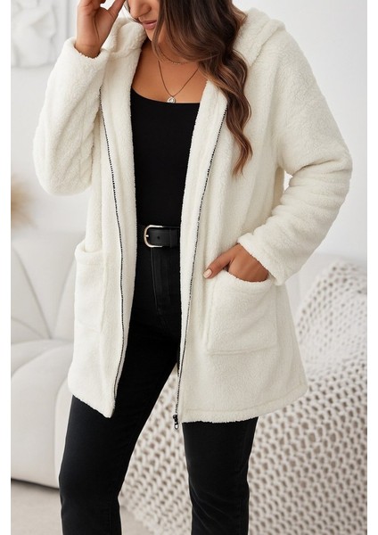 Eyesof Kadın Uzun Kollu Kapşonlu Önden Fermuarlı Cepli Welsoft Ceket