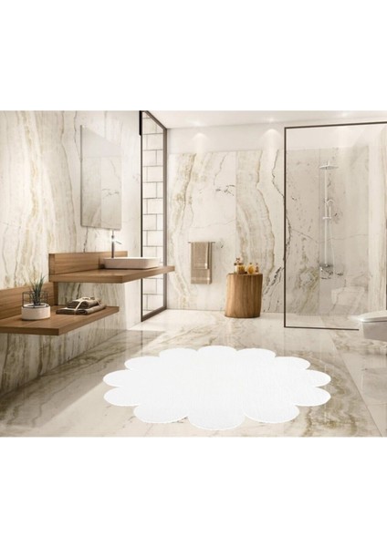 Beyaz Papatya Şekilli Peluş Post Halı, Yıkanabilir ve Kaymaz Tabanlı Rahat Kullanım