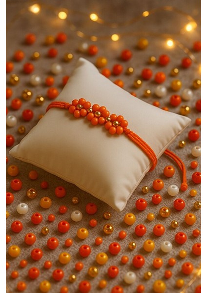 Turuncu Çiçek Boncuklu Ayarlanabilir Makrome Bileklik