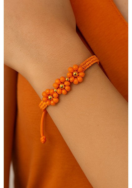 Turuncu Çiçek Boncuklu Ayarlanabilir Makrome Bileklik indirimleri