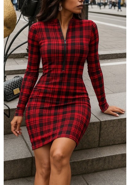 Eyesof Kadın Uzun Kollu Fermuarlı Ekose Baskılı Dalgıç Elbise