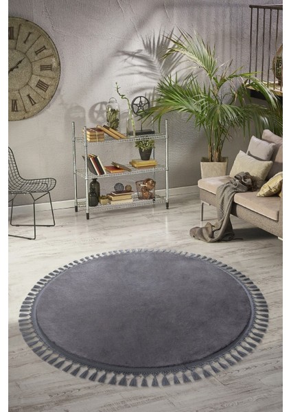 Yumuşak Peluş Antrasit Yuvarlak Saçaklı Yolluk Halı