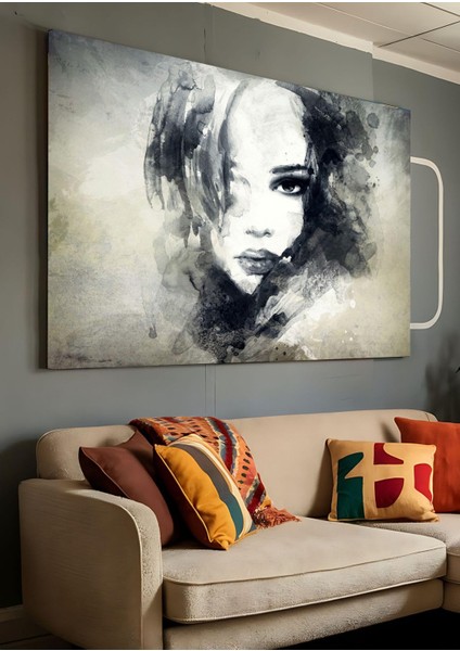 Kanvas Tablo Karakalem Çizgili Siyah Beyaz Kadın Dekoratif Kanvas Tablo 50 x 70